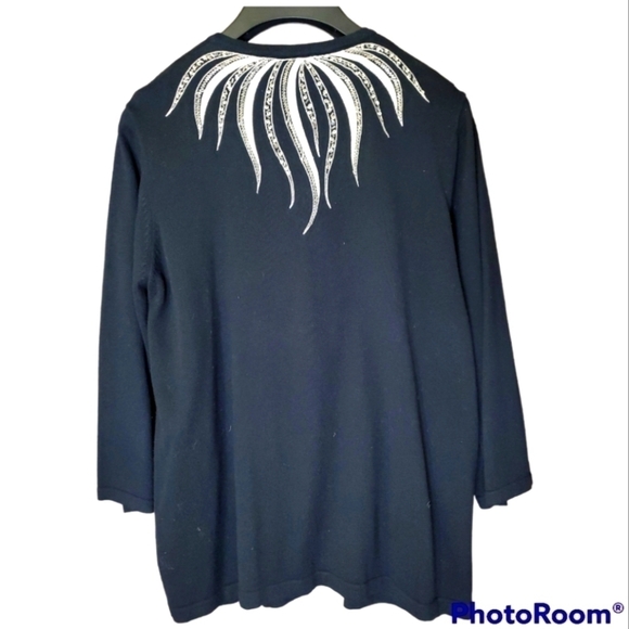 Bob Mackie wearable art black button front cardigan with silver white embellishm - Picture 4 of 7